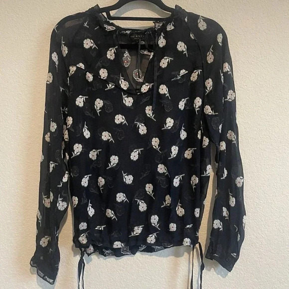 Rag & Bone Chiffon Sheer Floral Blouse Womens Extra Small Navy Tie Neck - Picture 1 of 8